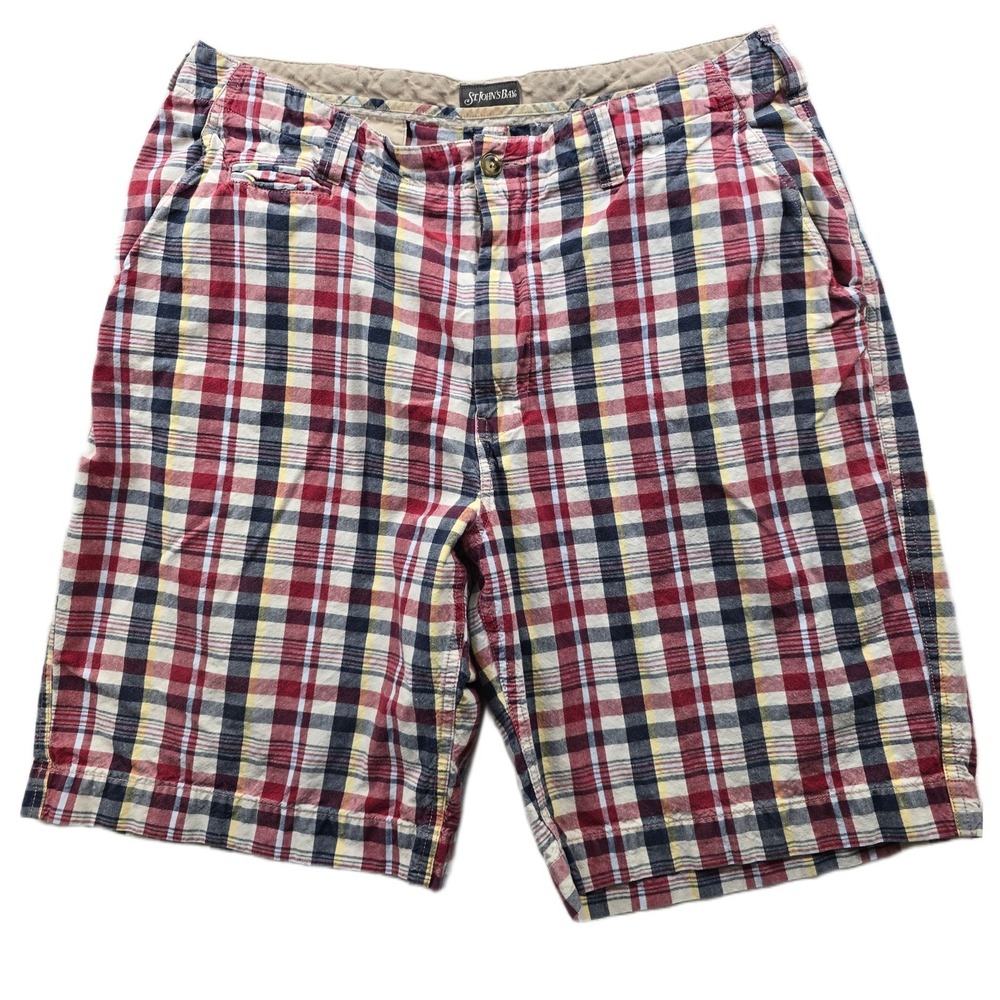 St. John's Bay Plaid Shorts Mens 34 Red‎ Navy Blue Cotton Flat Front Casual